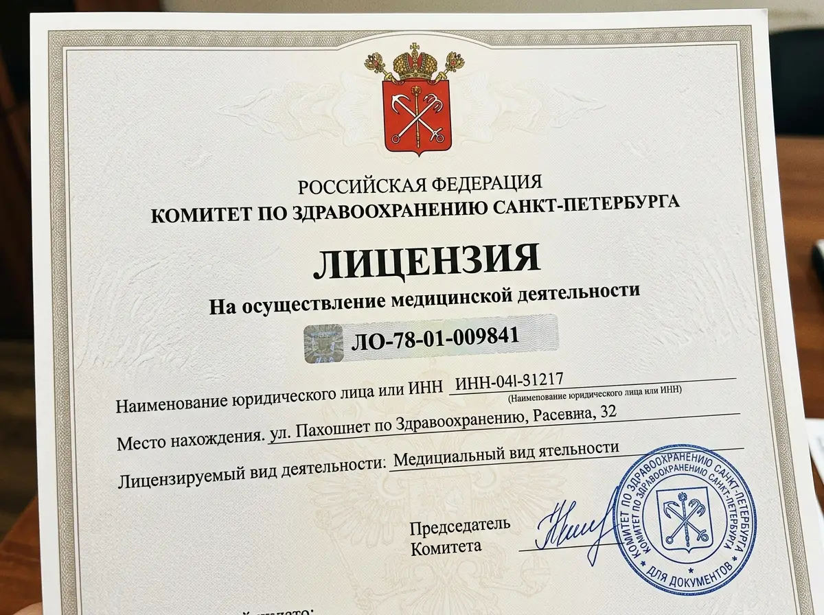 Лицензия на осуществление медицинской деятельности № ЛО-78-01-009841 выданная Комитетом здравоохранения Санкт-Петербурга, официальный документ с гербом и подписью