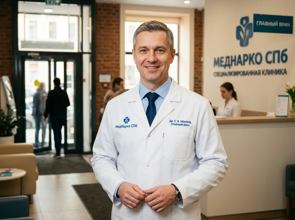 Портрет главного врача клиники МедНарко СПб — мужчина средних лет в белом халате, доброжелательный взгляд, профессиональный облик